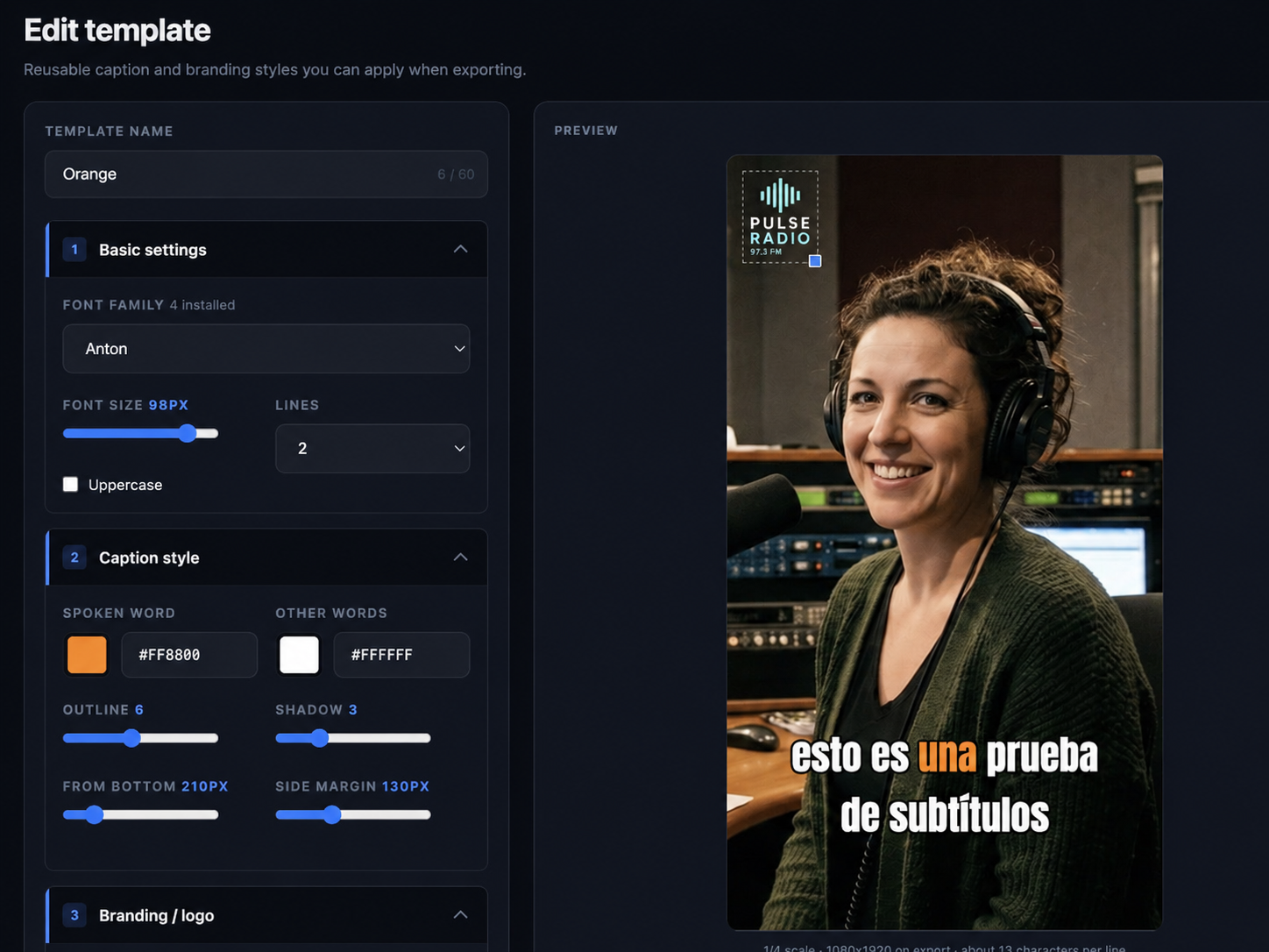 StreamCentral Clips template editor